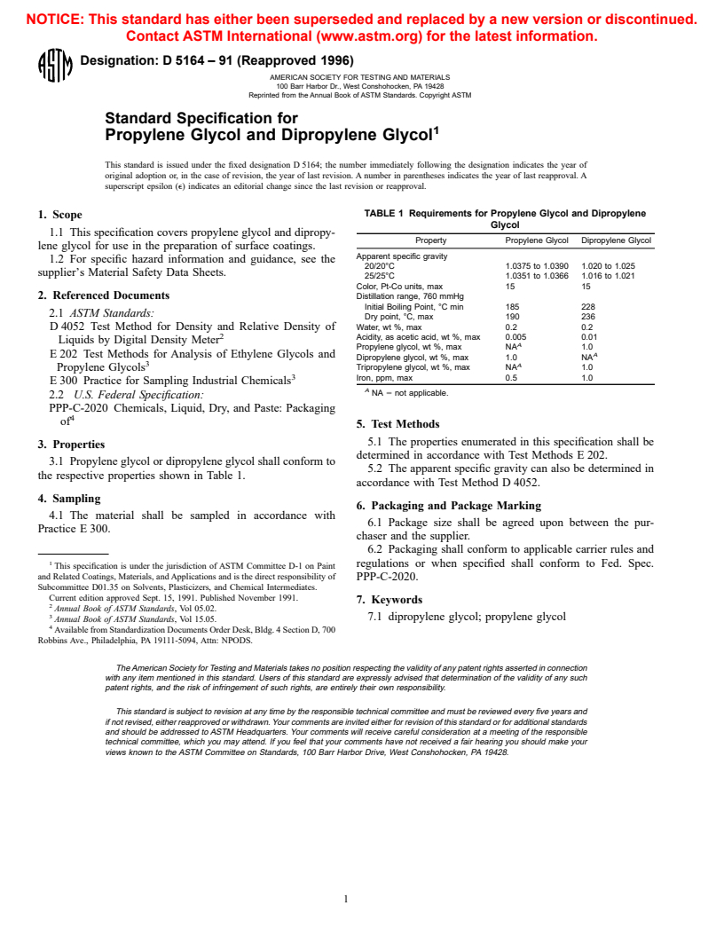 ASTM D5164-91(1996) - Standard Specification for Propylene Glycol and Dipropylene Glycol