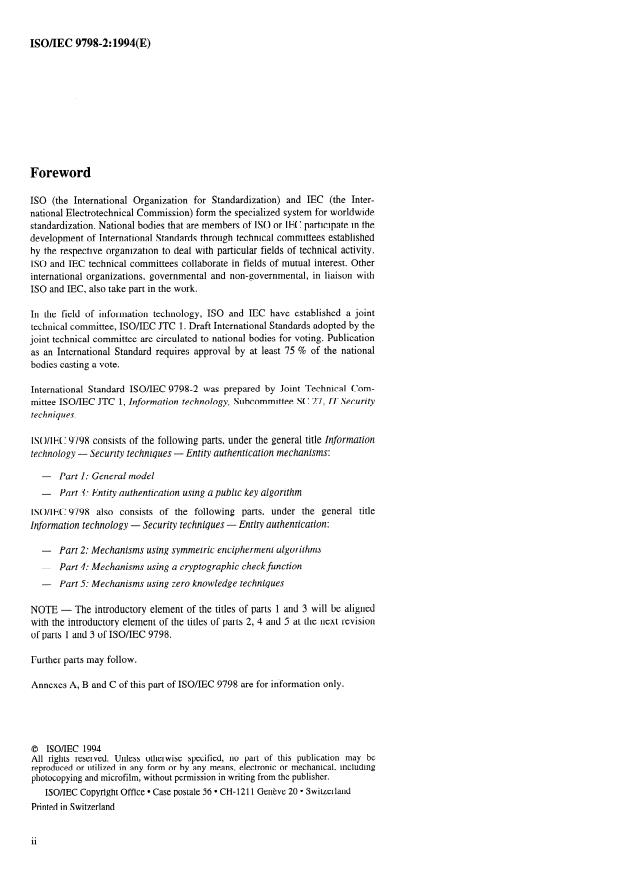 ISO/IEC 9798-2:1994 ISO/IEC 9798-2:1994 - Information technology -- Security techniques -- Entity authentication - Page 2 preview