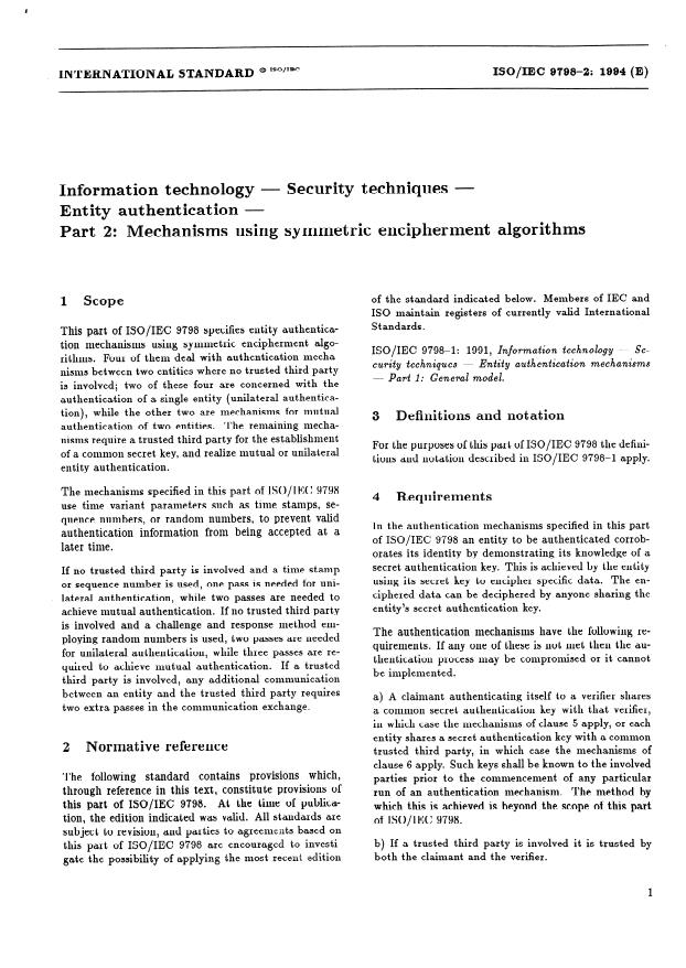 ISO/IEC 9798-2:1994 - Information technology -- Security techniques -- Entity authentication
