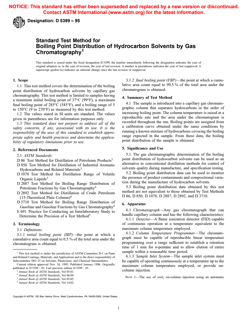 ASTM D5399-95 - Standard Test Method for Boiling Point Distribution of Hydrocarbon Solvents by Gas Chromatography