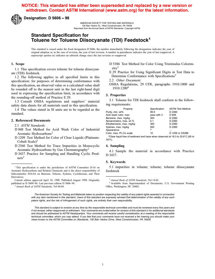 ASTM D5606-98 - Standard Specification for Toluene for Toluene Diisocyanate (TDI) Feedstock