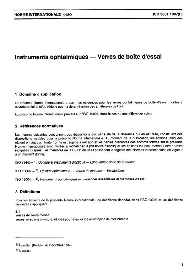 ISO 9801:1997 - Instruments ophtalmiques -- Verres de boîte d'essai