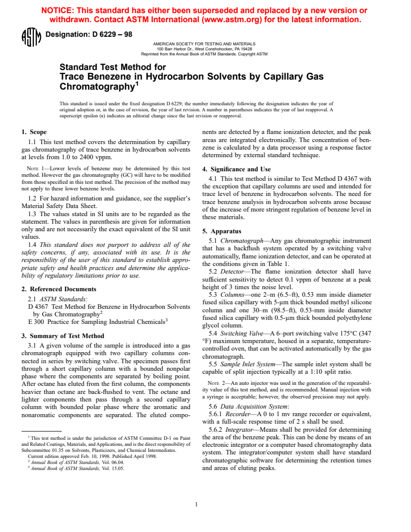 ASTM D6229-98 - Standard Test Method for Trace Benezene in Hydrocarbon Solvents by Capillary Gas Chromatography