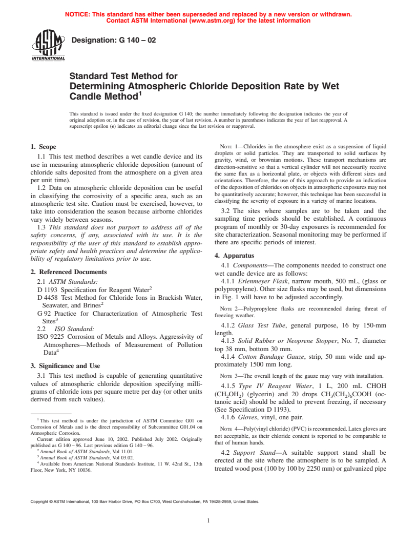 ASTM G140-02 - Standard Test Method for Determining Atmospheric Chloride Deposition Rate by Wet Candle Method