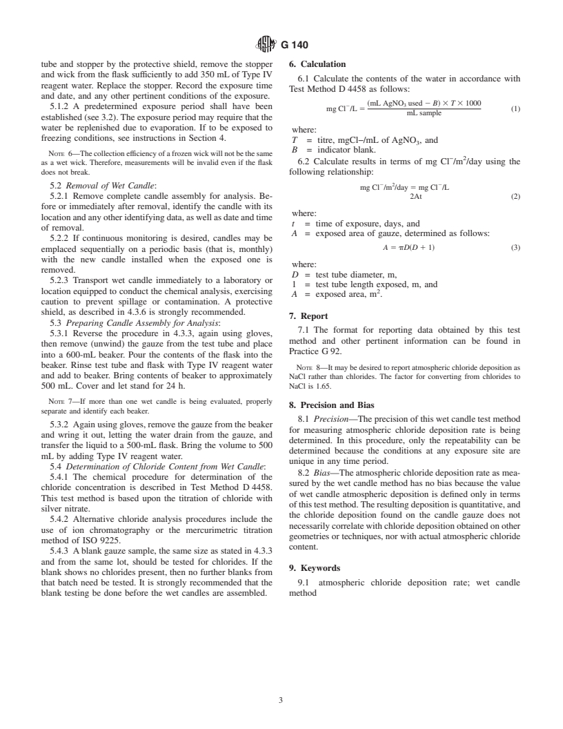 ASTM G140-02 - Standard Test Method for Determining Atmospheric Chloride Deposition Rate by Wet Candle Method