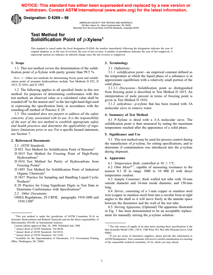 ASTM D6269-98 - Test Method for Solidification Point of <I>p</I>-Xylene