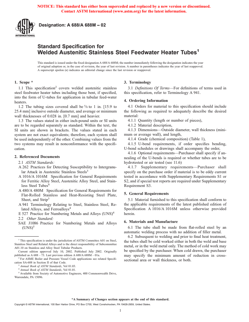 ASTM A688/A688M-02 - Standard Specification for Welded Austenitic Stainless Steel Feedwater Heater Tubes