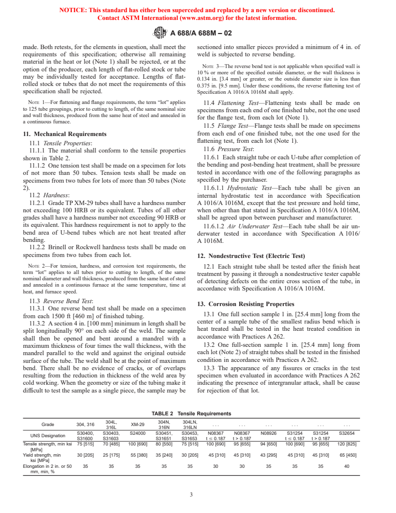 ASTM A688/A688M-02 - Standard Specification for Welded Austenitic Stainless Steel Feedwater Heater Tubes