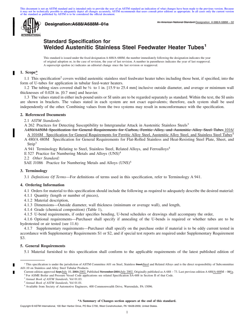 REDLINE ASTM A688/A688M-02 - Standard Specification for Welded Austenitic Stainless Steel Feedwater Heater Tubes