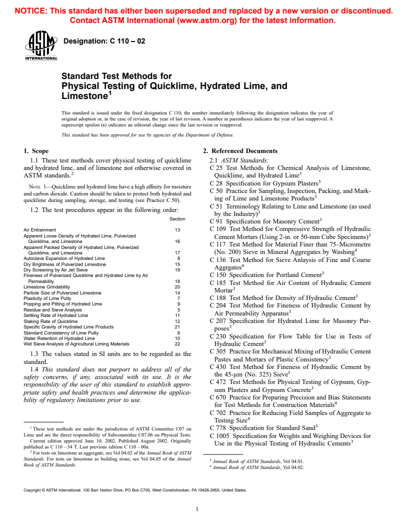 ASTM C110-02 - Standard Test Methods for Physical Testing of Quicklime, Hydrated Lime, and Limestone