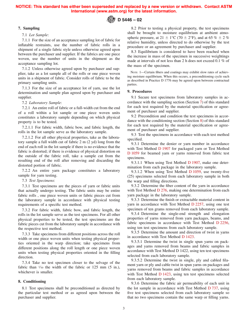 ASTM D5446-02 - Standard Practice for Determining Physical Properties of Fabrics, Yarns, and Sewing Thread Used in Inflatable Restraints