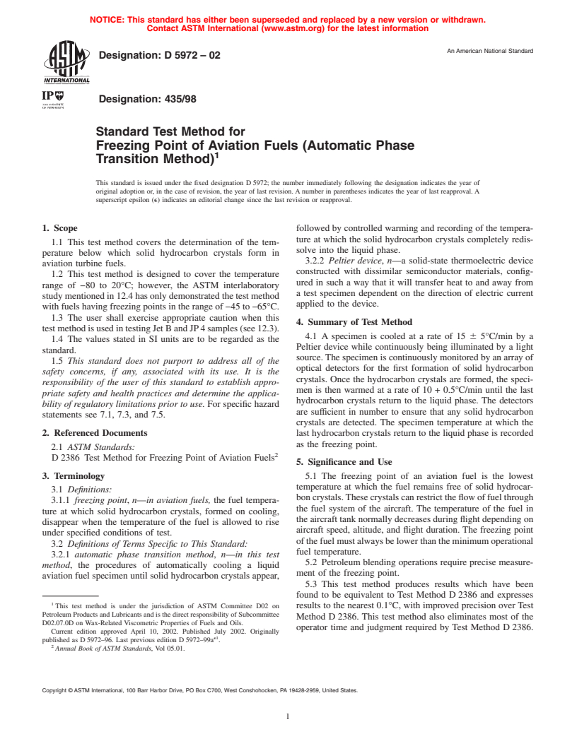 ASTM D5972-02 - Standard Test Method for Freezing Point of Aviation Fuels (Automatic Phase Transition Method)