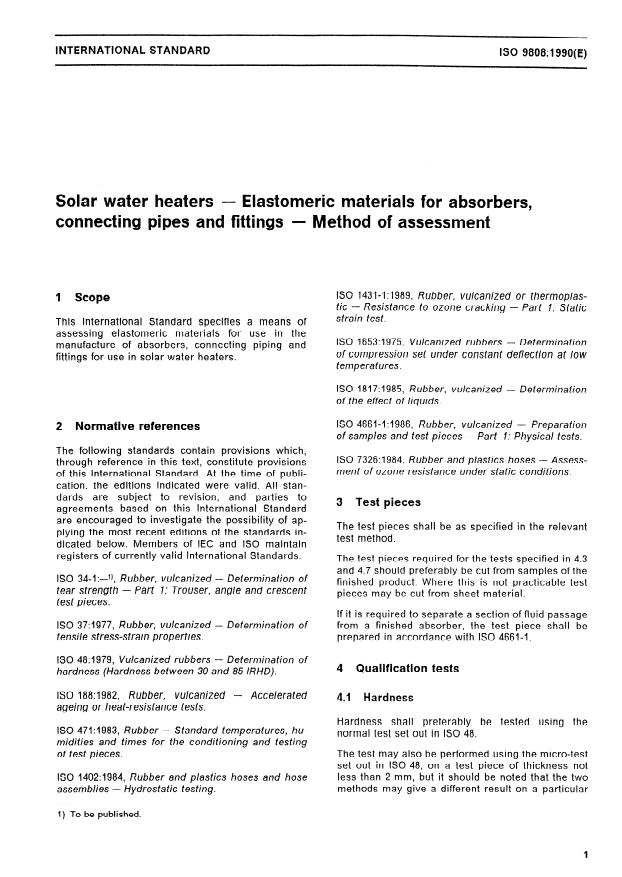 ISO 9808:1990 - Solar water heaters -- Elastomeric materials for absorbers, connecting pipes and fittings -- Method of assessment