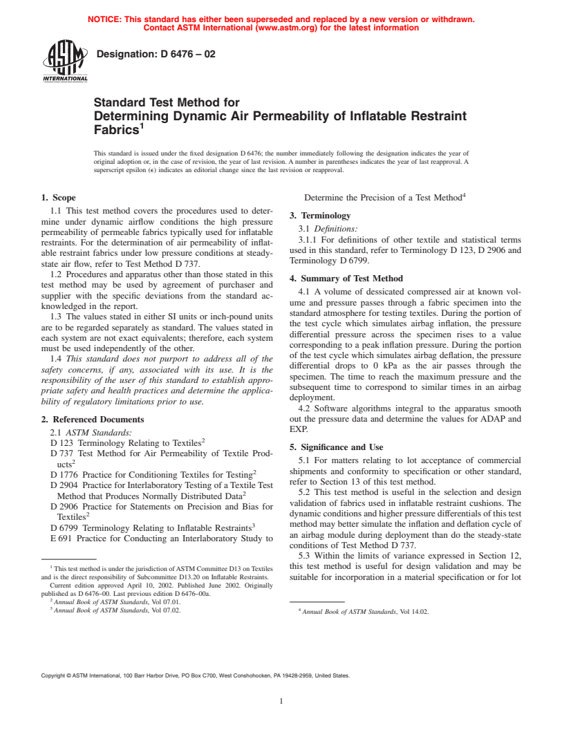 ASTM D6476-02 - Standard Test Method for Determining Dynamic Air Permeability of Inflatable Restraint Fabrics