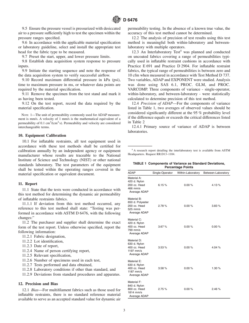 ASTM D6476-02 - Standard Test Method for Determining Dynamic Air Permeability of Inflatable Restraint Fabrics