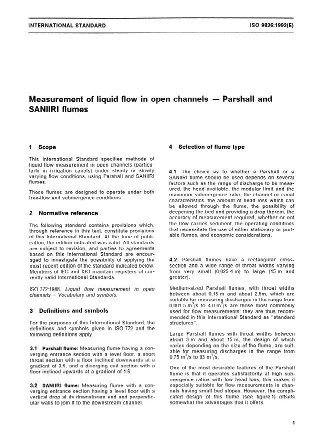 ISO 9826:1992 - Measurement of liquid flow in open channels -- Parshall and SANIIRI flumes