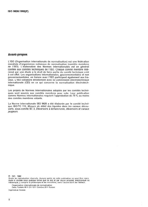 ISO 9826:1992 ISO 9826:1992 - Mesure de débit des liquides dans les canaux découverts -- Canaux jaugeurs Parshall et SANIIRI - Page 2 preview