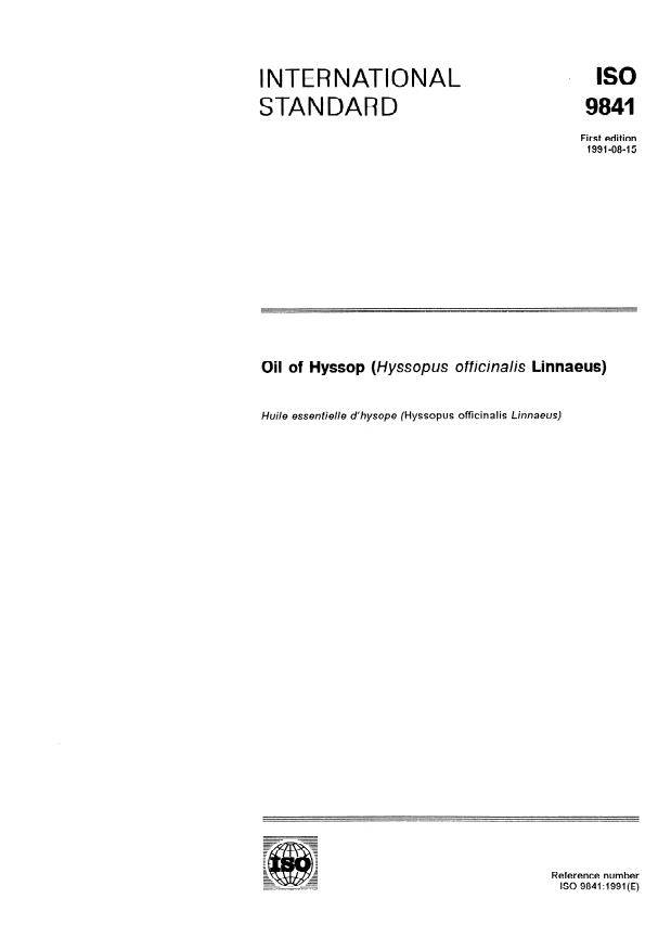 ISO 9841:1991 - Oil of Hyssop (Hyssopus officinalis Linnaeus)