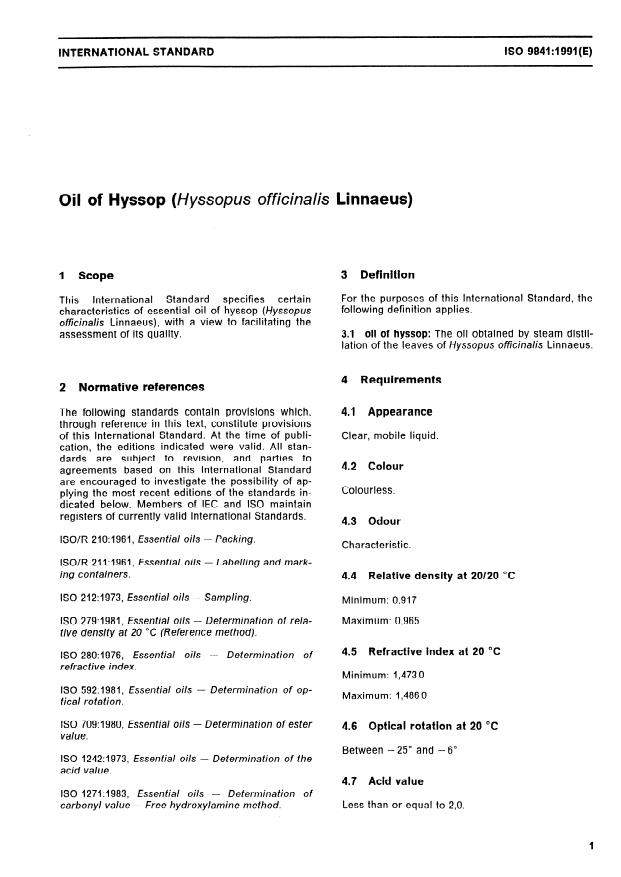 ISO 9841:1991 - Oil of Hyssop (Hyssopus officinalis Linnaeus)