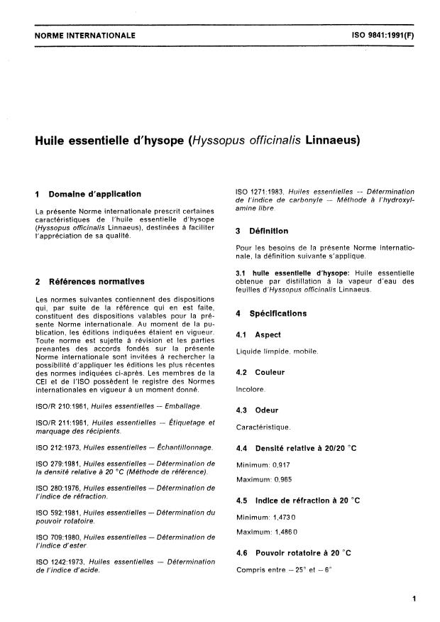 ISO 9841:1991 - Huile essentielle d'hysope (Hyssopus officinalis Linnaeus)