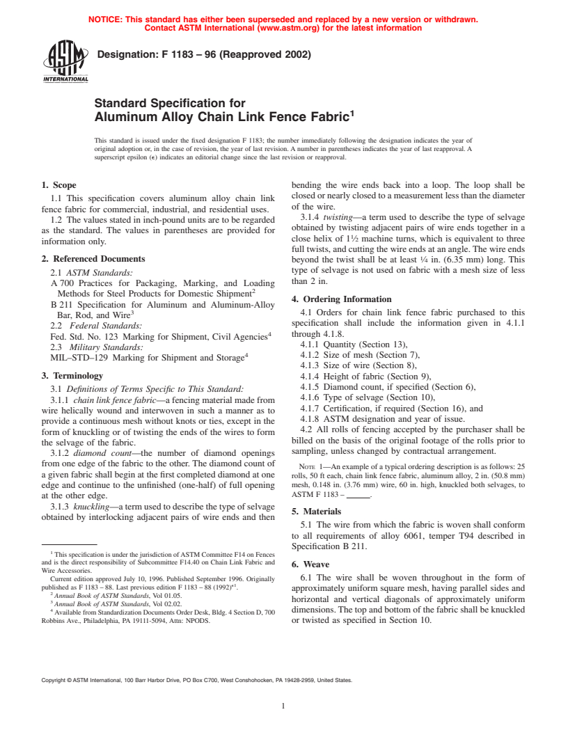 ASTM F1183-96(2002) - Standard Specification for Aluminum Alloy Chain Link Fence Fabric