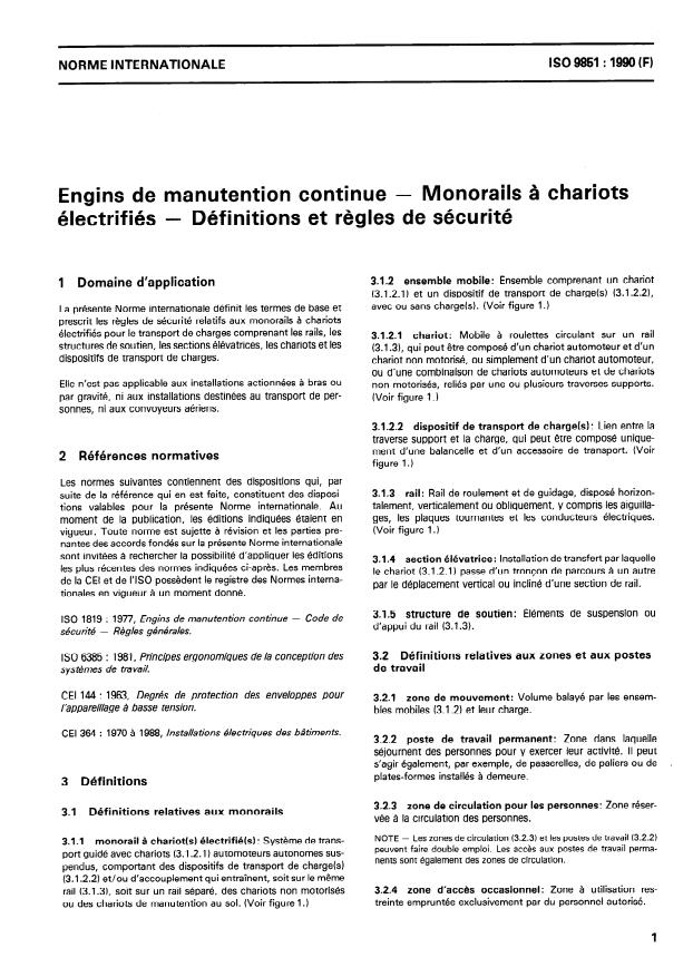 ISO 9851:1990 - Engins de manutention continue -- Monorails a chariots électrifiés -- Définitions et regles de sécurité