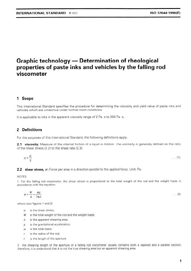 ISO 12644:1996 - Graphic technology -- Determination of rheological properties of paste inks and vehicles by the falling rod viscometer