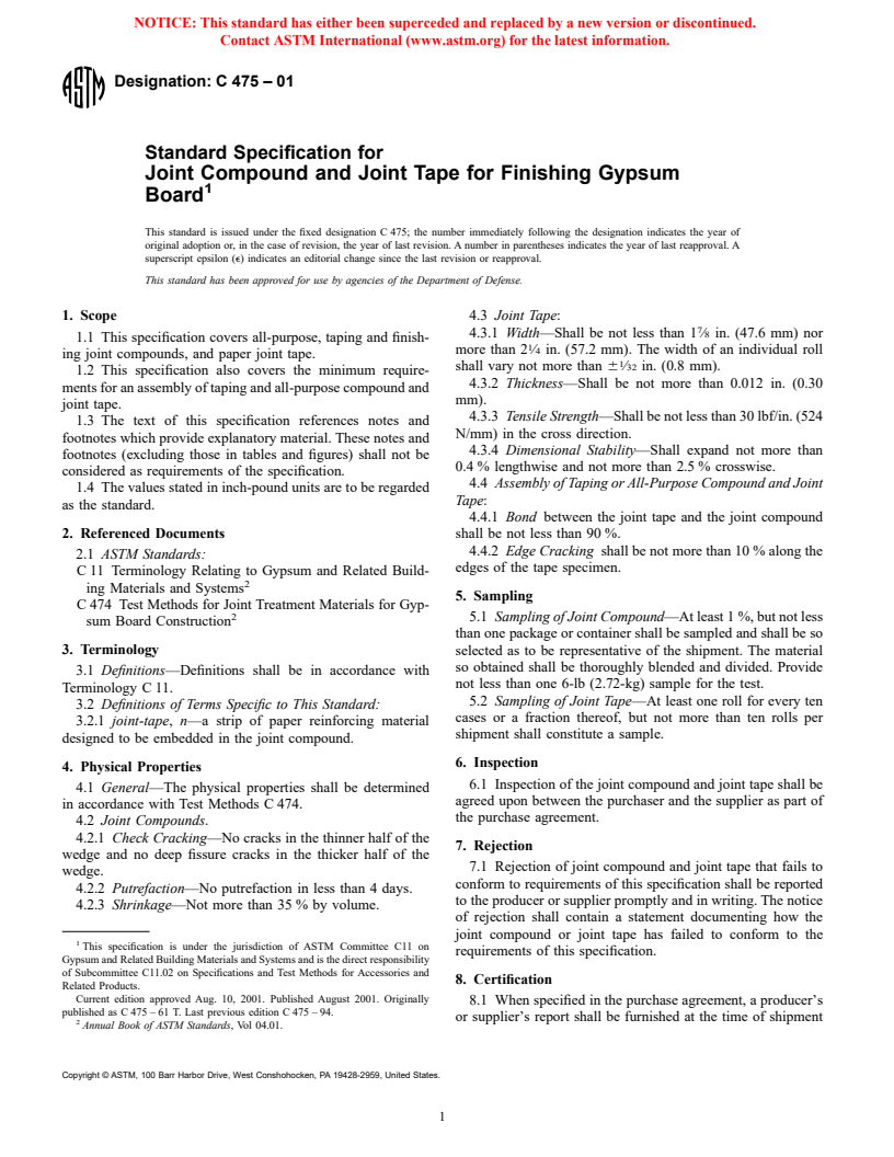 ASTM C475-01 - Standard Specification for Joint Compound and Joint Tape for Finishing Gypsum Board