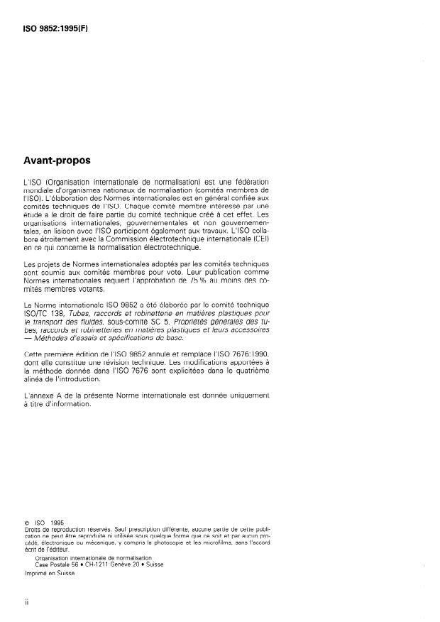 ISO 9852:1995 ISO 9852:1995 - Tubes en poly(chlorure de vinyle) non plastifié (PVC-U) -- Résistance au dichlorométhane a une température spécifiée (DCMT) -- Méthode d'essai - Page 2 preview