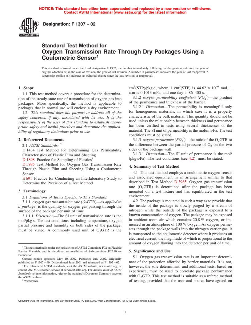 ASTM F1307-02 - Standard Test Method for Oxygen Transmission Rate Through Dry Packages Using a Coulometric Sensor