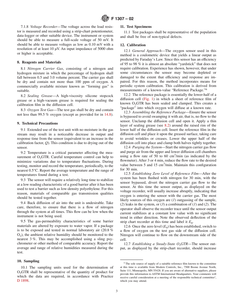 ASTM F1307-02 - Standard Test Method for Oxygen Transmission Rate Through Dry Packages Using a Coulometric Sensor