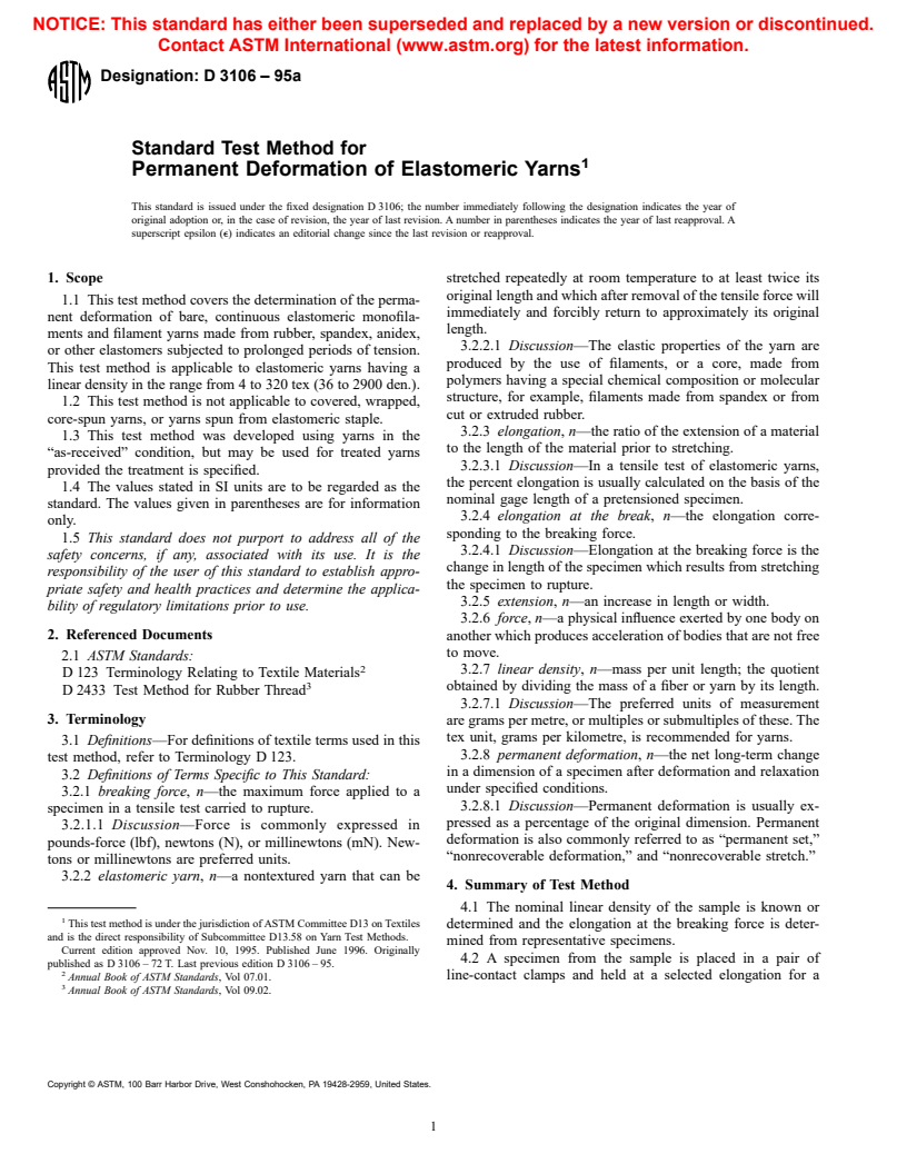 ASTM D3106-95a - Standard Test Method for Permanent Deformation of Elastomeric Yarns