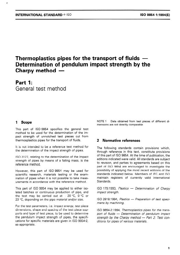 ISO 9854-1:1994 - Thermoplastics pipes for the transport of fluids -- Determination of pendulum impact strength by the Charpy method