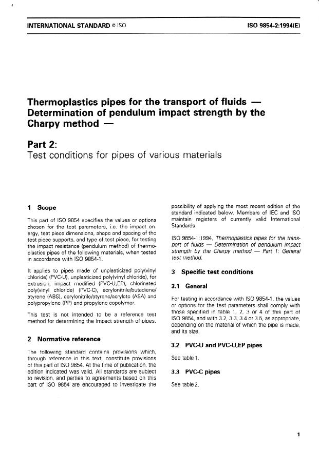 ISO 9854-2:1994 - Thermoplastics pipes for the transport of fluids -- Determination of pendulum impact strength by the Charpy method