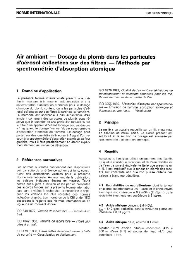 ISO 9855:1993 - Air ambiant -- Dosage du plomb dans les particules d'aérosol collectées sur des filtres -- Méthode par spectrométrie d'absorption atomique