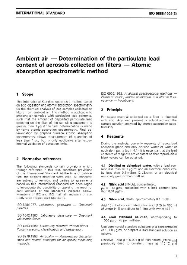 ISO 9855:1993 - Ambient air -- Determination of the particulate lead content of aerosols collected on filters -- Atomic absorption spectrometric method