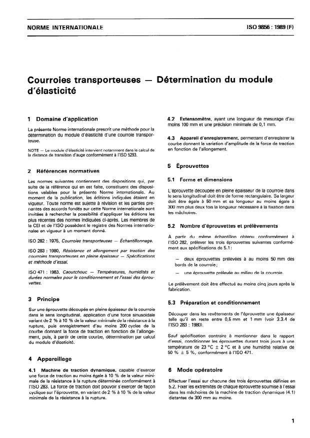 ISO 9856:1989 - Courroies transporteuses -- Détermination du module d'élasticité