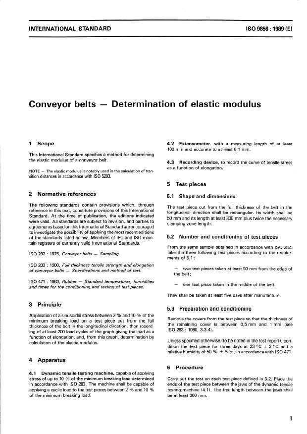 ISO 9856:1989 - Conveyor belts -- Determination of elastic modulus