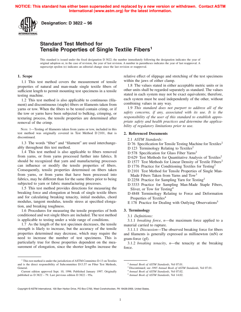 ASTM D3822-96 - Standard Test Method for Tensile Properties of Single Textile Fibers