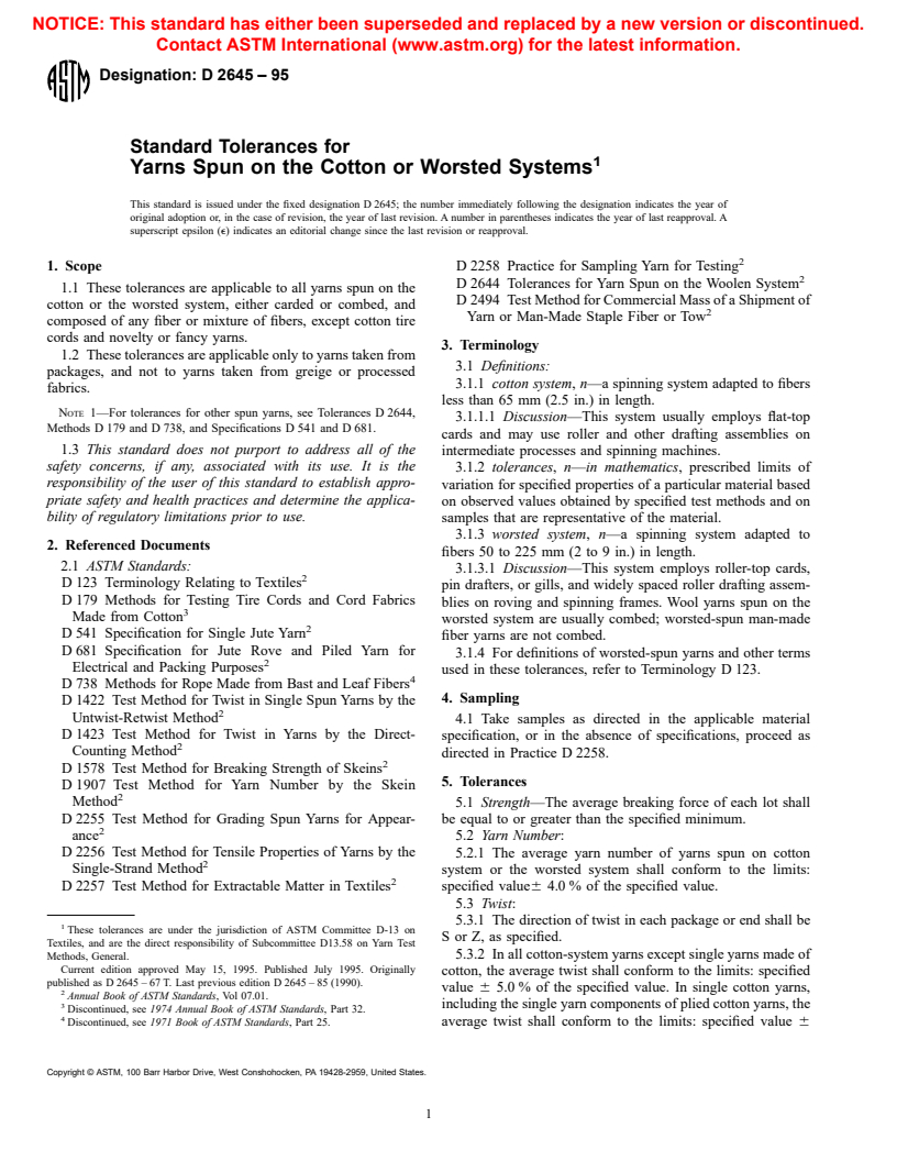 ASTM D2645-95 - Standard Tolerances for Yarns Spun on the Cotton or Worsted Systems