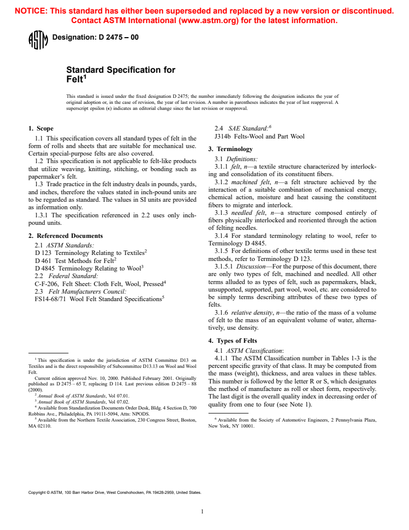 ASTM D2475-00 - Standard Specification for Felt