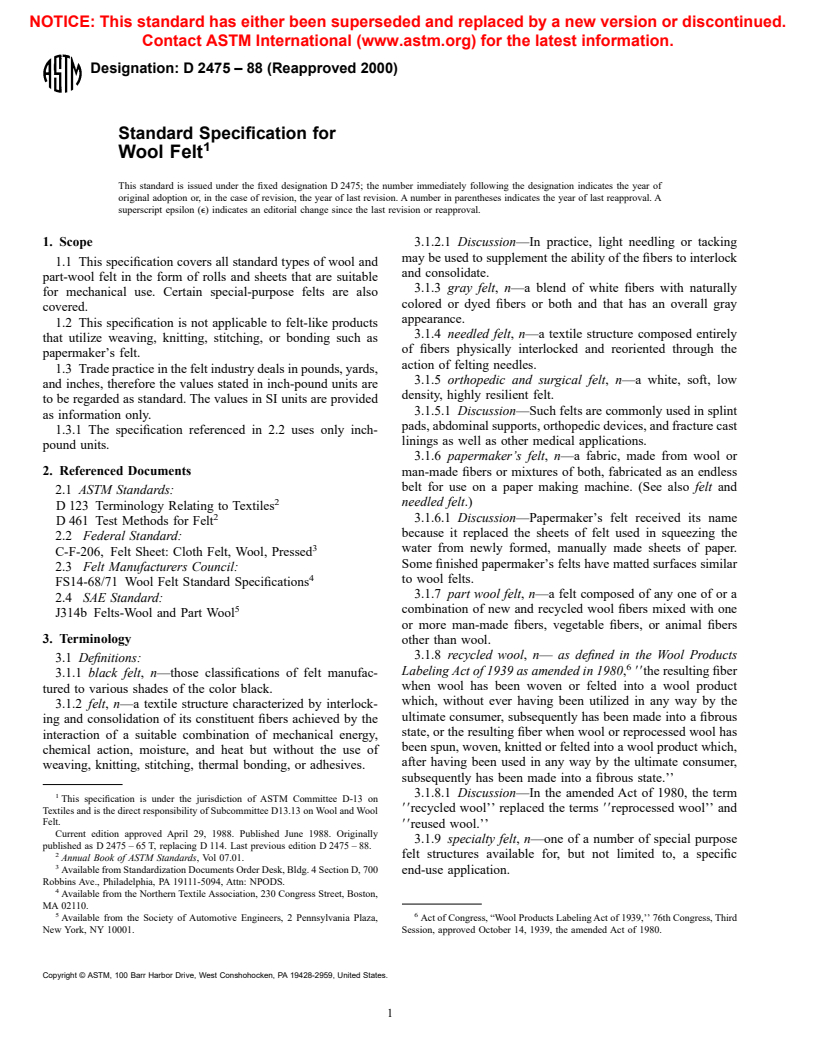 ASTM D2475-88(2000) - Standard Specification for Felt