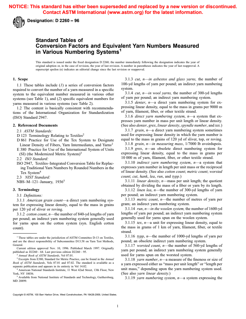 ASTM D2260-96 - Standard Tables of Conversion Factors and Equivalent Yarn Numbers Measured in Various Numbering Systems