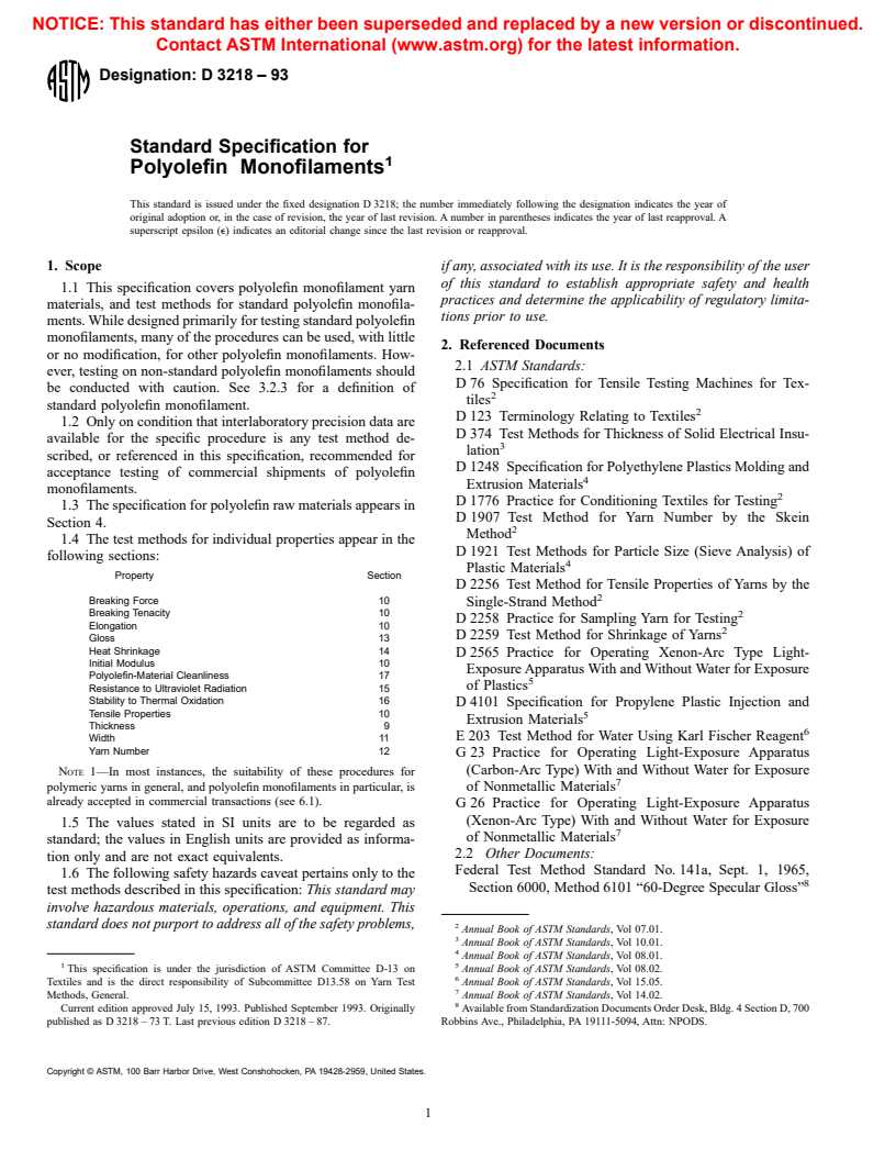 ASTM D3218-93 - Standard Specification for Polyolefin Monofilaments