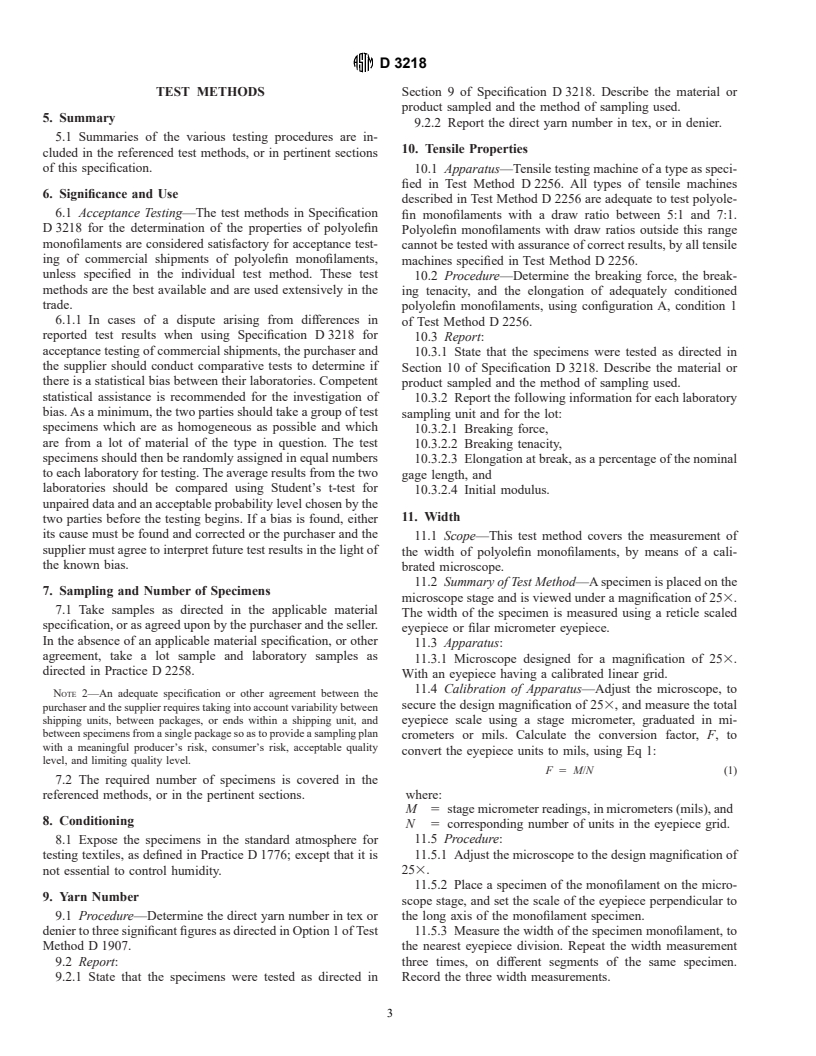 ASTM D3218-93 - Standard Specification for Polyolefin Monofilaments