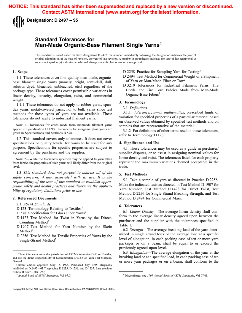 ASTM D2497-95 - Standard Tolerances for Man-Made Organic-Base Filament Single Yarns