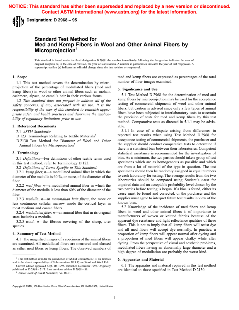 ASTM D2968-95 - Standard Test Method for Med and Kemp Fibers in Wool and Other Animal Fibers by Microprojection