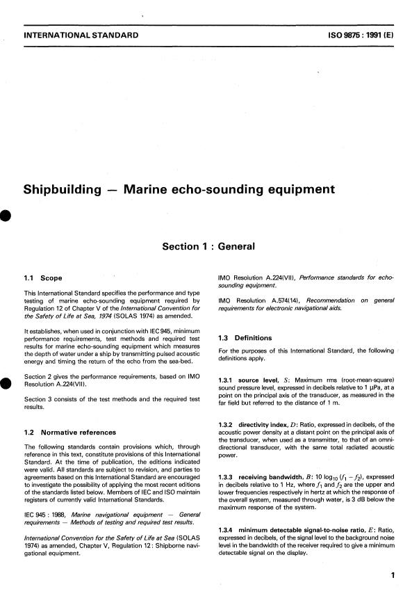 ISO 9875:1991 - Shipbuilding -- Marine echo-sounding equipment