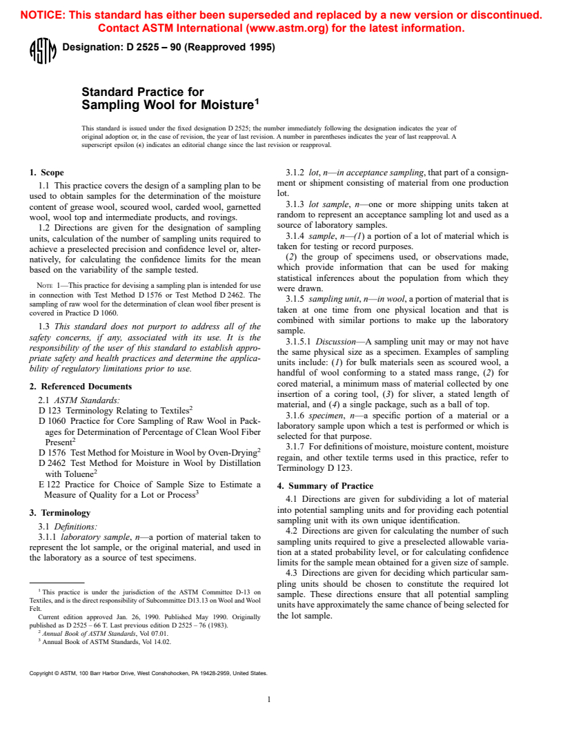 ASTM D2525-90(1995) - Standard Practice for Sampling Wool for Moisture