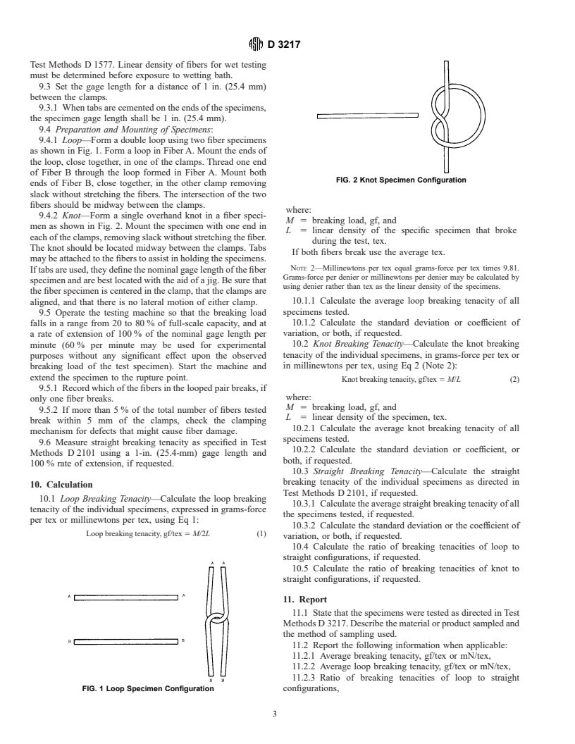 ASTM D3217-95 - Standard Test Methods for Breaking Tenacity of Manufactured Textile Fibers in Loop or Knot Configurations